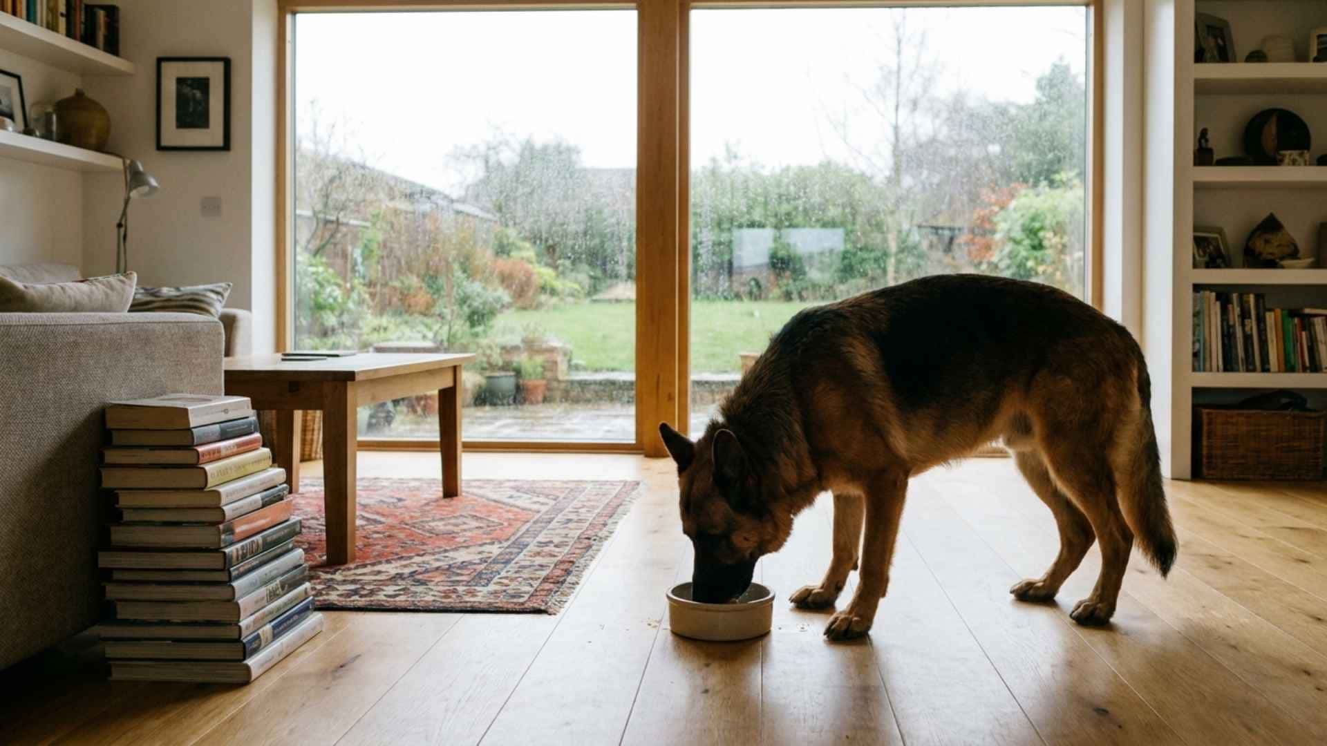 perro comiendo y no bebiendo